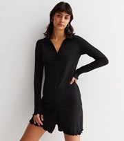 New Look Black Ribbed Jersey Long Sleeve Frill Mini Shirt Dress